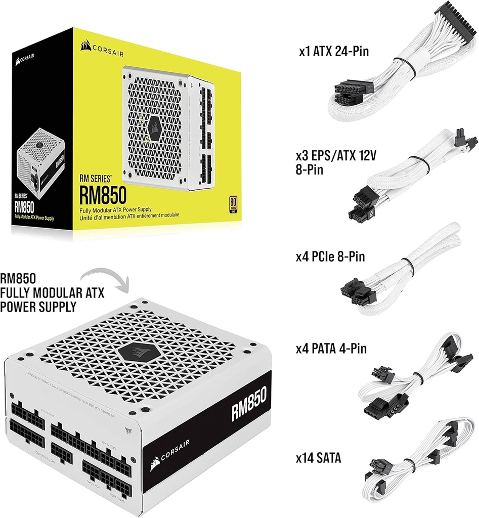 FUENTE CORSAIR RM850, 850 vatios, certificado 80 Plus Gold Serie RM (2021), blanco,, modular  (OPEN BOX)