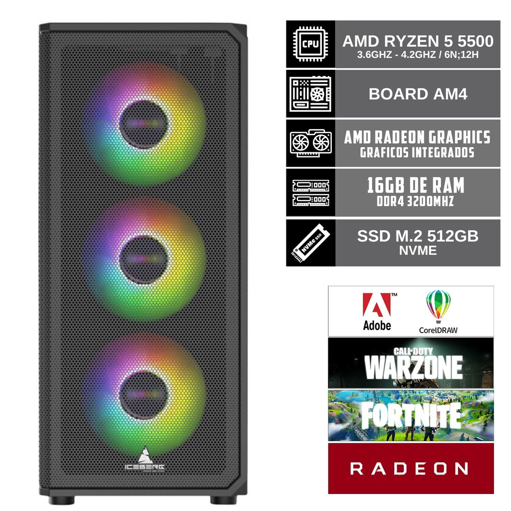 PC ICEBERG NEGRO RYZEN 5 5500 16GB RAM 512GB SSD M.2 NVME