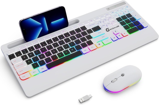 [AGE001] Combo de teclado silencioso inalámbrico y mouse con reposamuñecas, soporte para teléfono (blanco y negro)