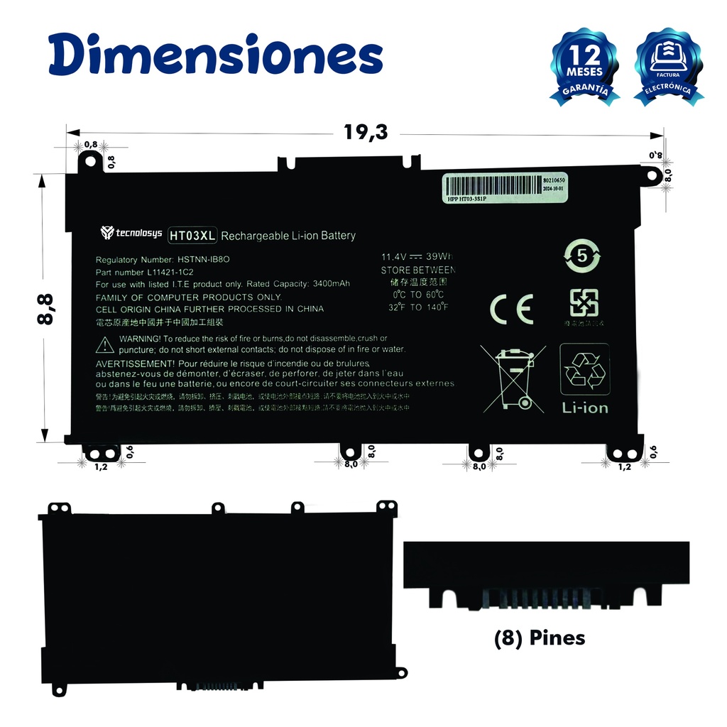 Batería Portatil Hp HT03XL HT03 TF03 TF03XL 240 G7 14-CK 14-CE0014TU