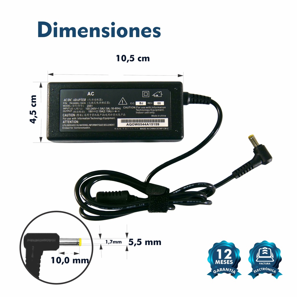 CARGADOR PORTATIL ACER MINI 19V 2.15 AMP 5.5*1.7MM HOMOLOGADO