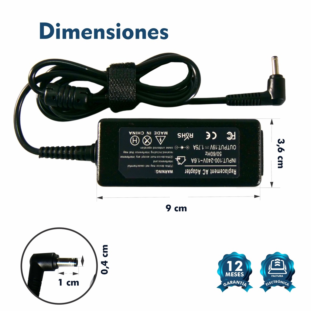 CARGADOR PORTATIL ASUS VIVOBOOK 19V 1.75 AMP 4.0*1.35MM HOMOLOGADO