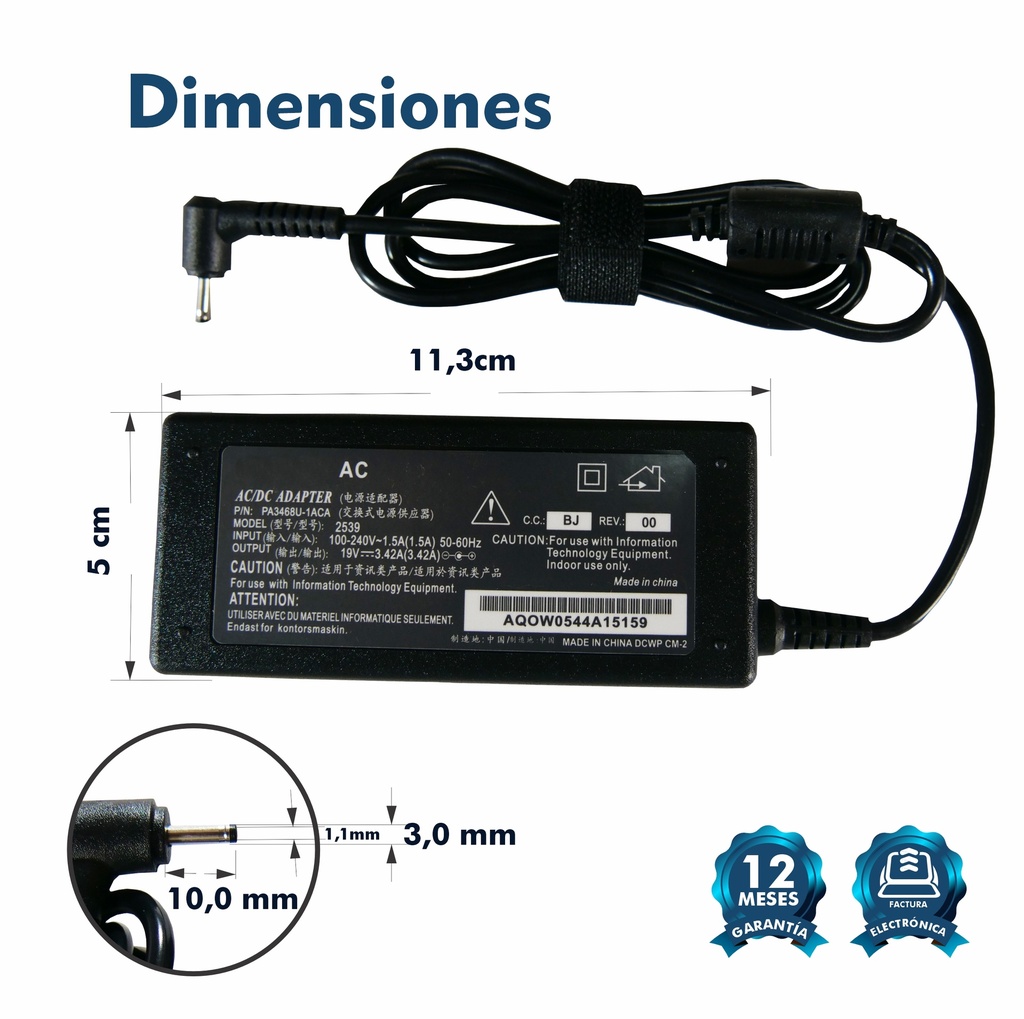 CARGADOR PORTATIL ACER 19v 3.42AMP)(2.37AMP)3.0*1.1mm HOMOLOGADO