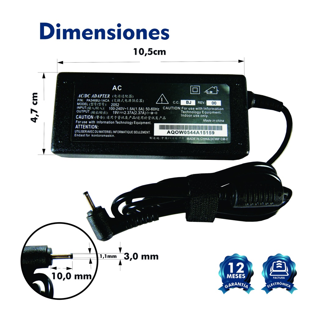 CARGADOR PORTATIL ACER SWIFT 19V 2.37 AMP 3.0*1.1mm HOMOLOGADO