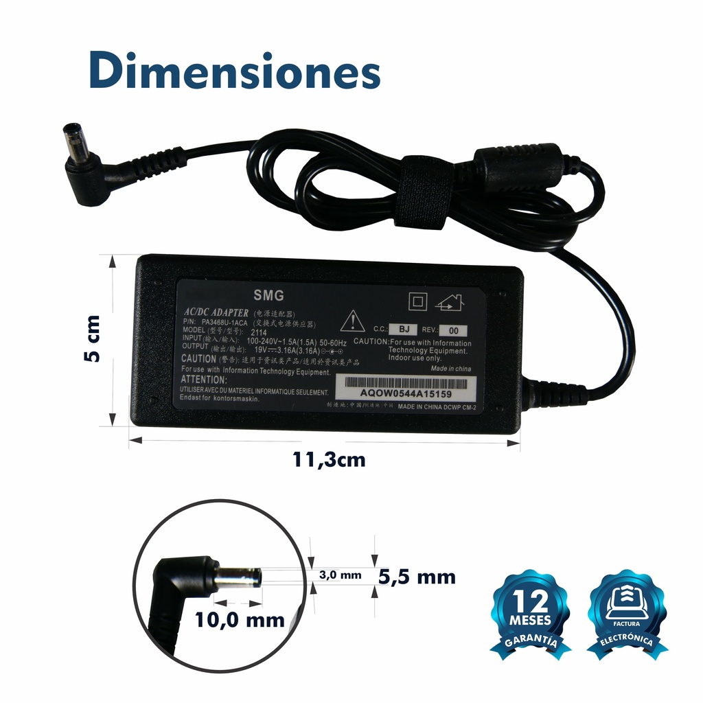 CARGADOR PORTATIL SAMSUNG 19V 3.16 AMP 5.5*3.0MM HOMOLOGADO