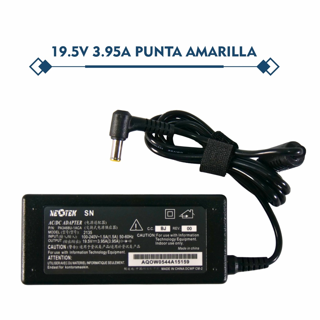 CARGADOR PORTATIL SONY VAIO 19.5V 3.95 AMP 6.5*4.4 HOMOLOGADO