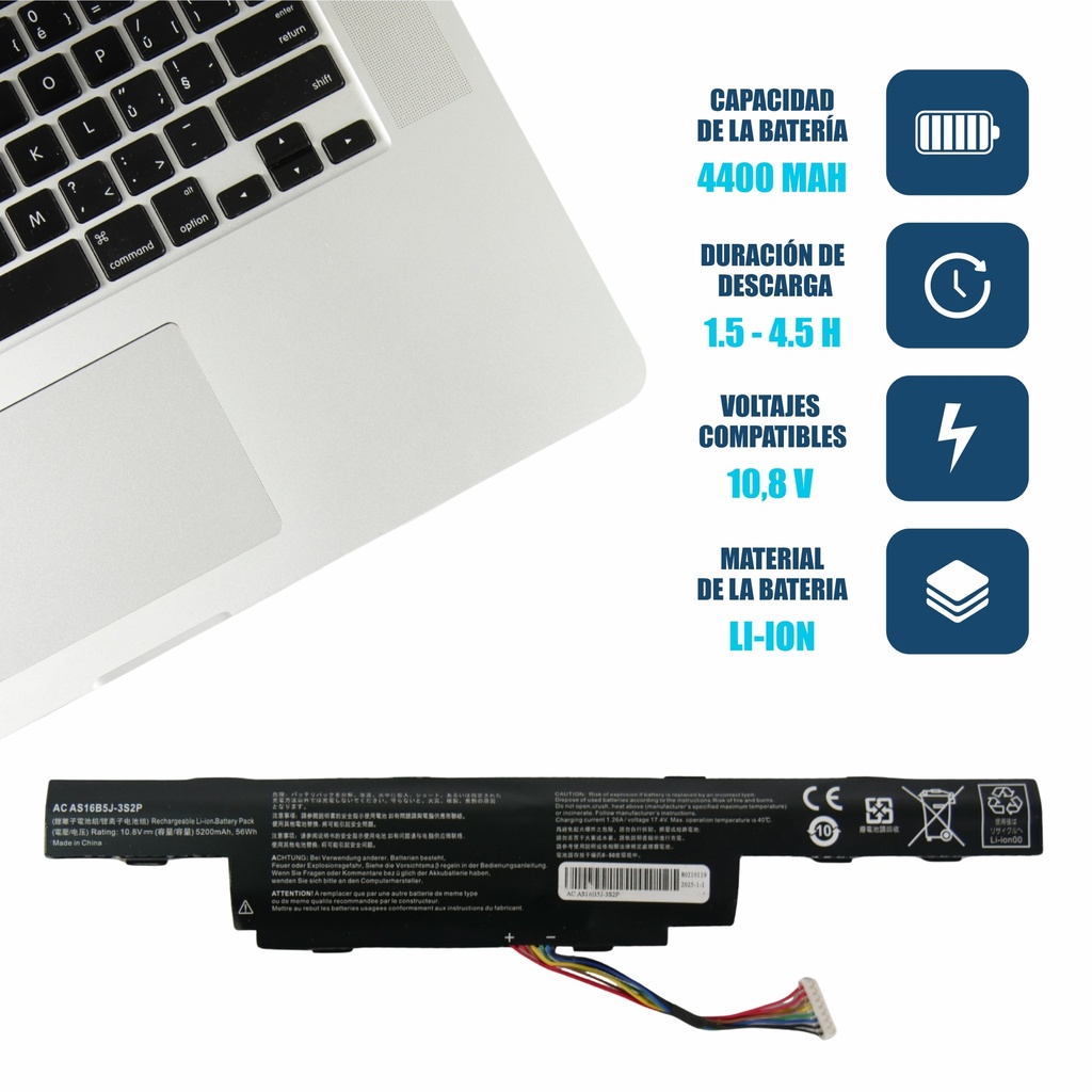 Batería Acer AS16B5J AS16B8J E5-575G 10.8V, 48 WH 4400mAh