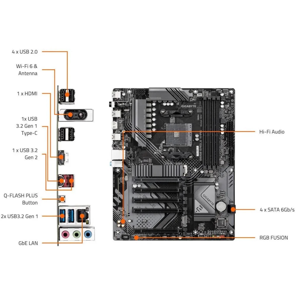 BOARD GIGABYTE B550 Eagle WIFI6, compatible con procesadores AMD AM4 Ryzen 5000, ATX, DDR4, 2X M.2, PCIe 4.0, WIFI6, LAN