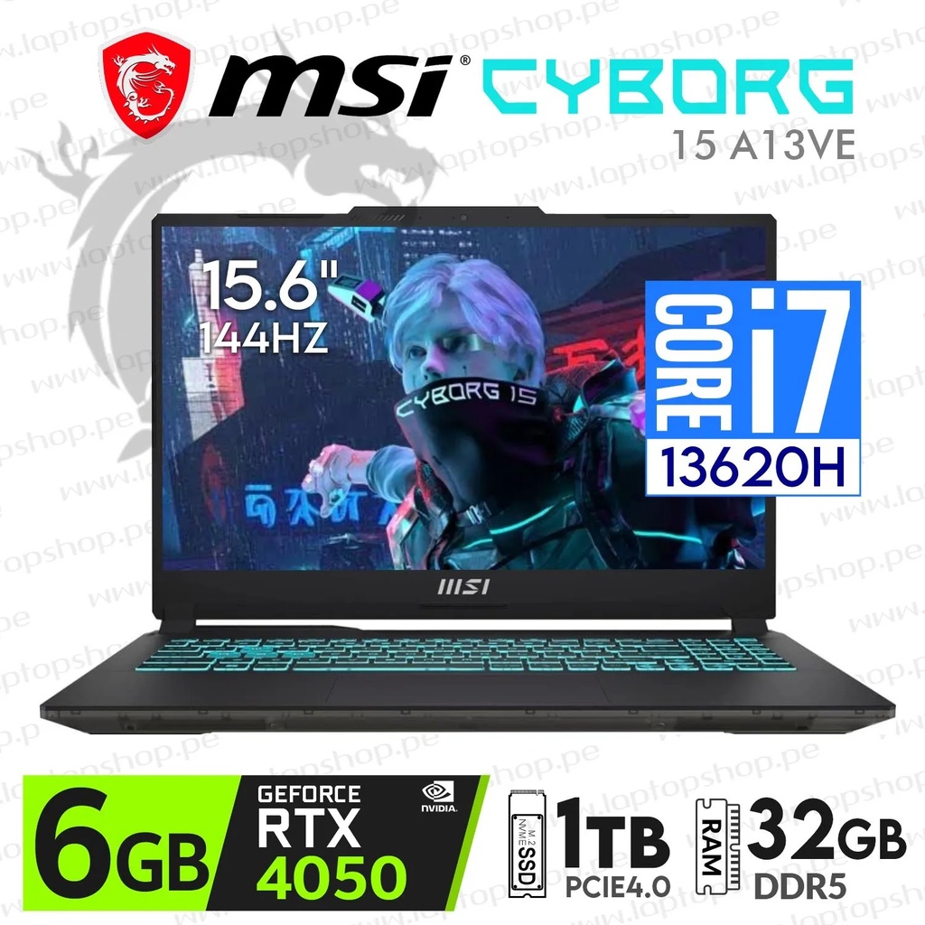PORTATIL MSI CYBORG 15 A13VE 218Us INTEL CORE I7 13620H, RTX 4050 6Gb, RAM 32Gb Ddr5 M.2 NVME 512GB 15.6 PULG FHD 144Hz