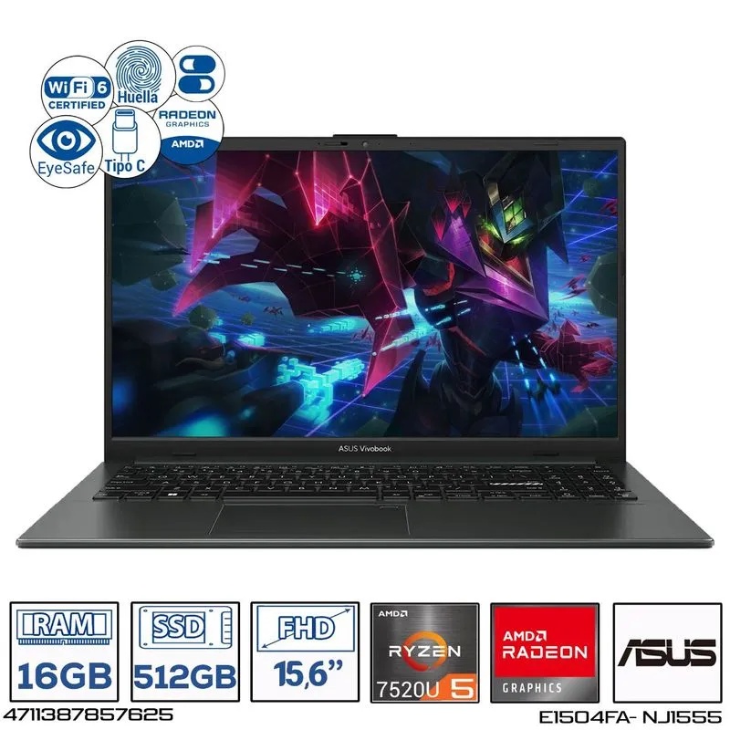 PORTATIL ASUS E1504F AMD RYZEN 5 7520U,SOLIDO 512GB, DDR5 16GB,15.6" FHD