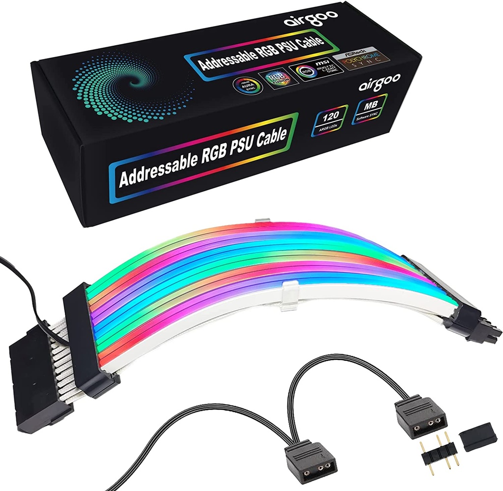 Airgoo Cable de extensión de alimentación RGB direccionable, cable ATX RGB de 24 pines con tiras LED de neón difusas