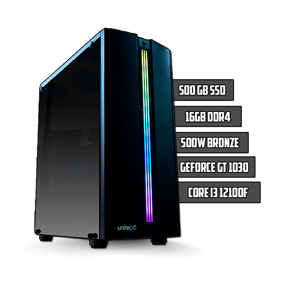 PC ZERO/i3 12100F/H610M-E/16GB DDR4/SSD 480GB/500W 80 PLUS/CHASIS UNITEC/GT 1030