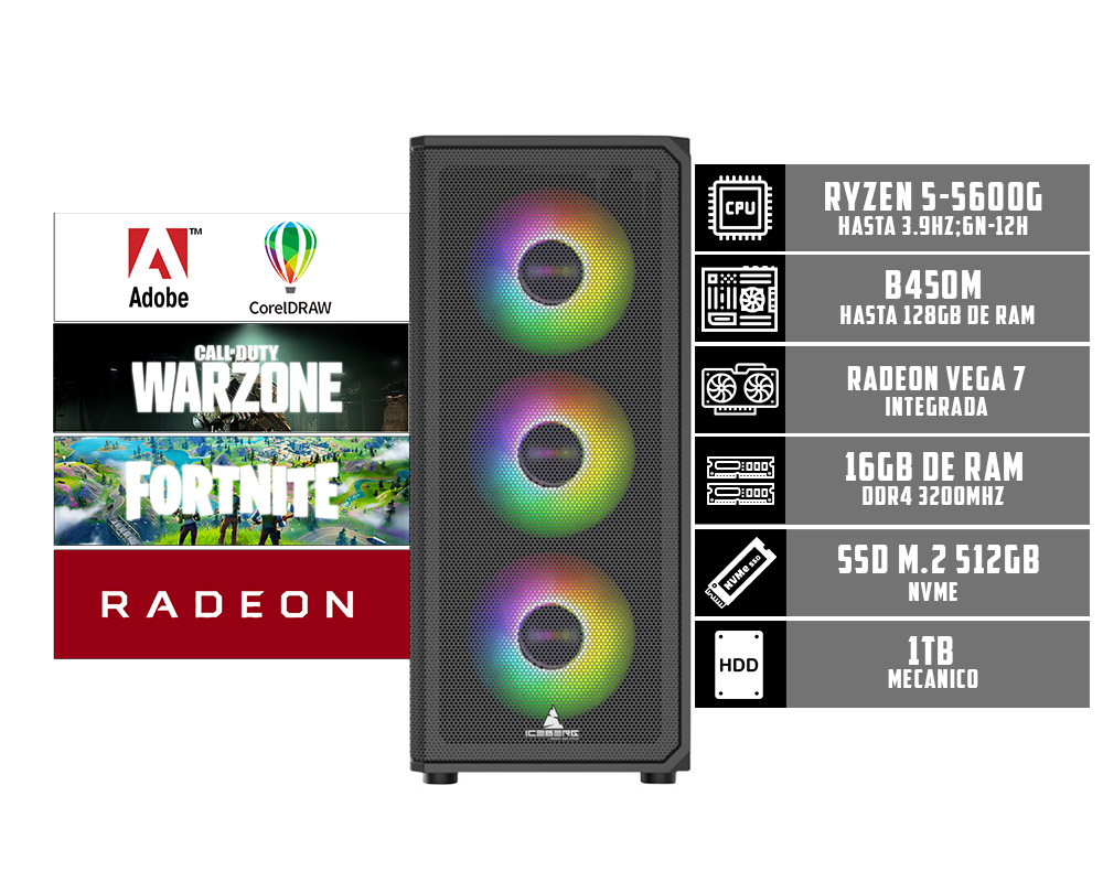 CPU GAMER ICEBERG R5-5600G 16GB RAM SSD M.2 Mvme 512gb 1tb HDD