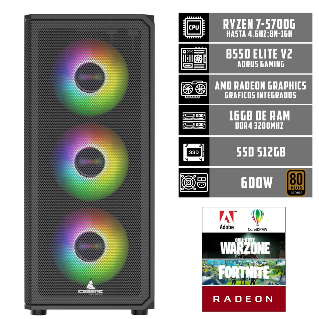 TORRE ICEBERG R7-5700G B550 ELITE SSD 512gb 600W 80 PLUS 16GB RAM
