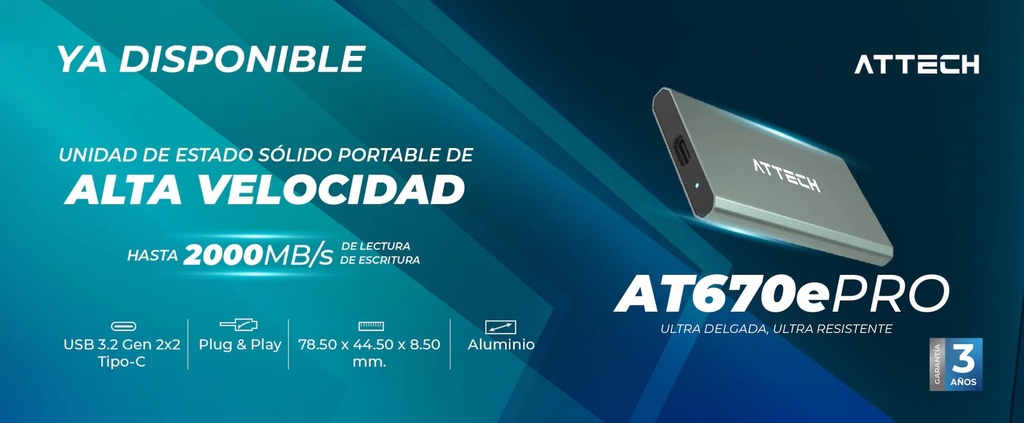 DISCO SSD EXTERNO 1TB PRO USB 3.2GEN 2 - ATTECH 2000MHZ