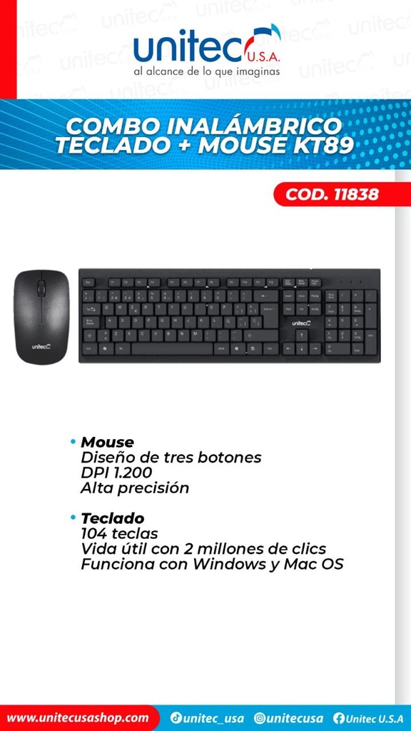 Combo Teclado y Mouse Inalámbrico Unitec KT89