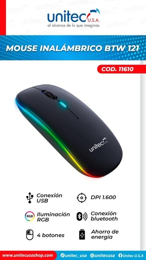 [ABTW121] Mouse Inalambrico Recargable Unitec BTW 121 RGB