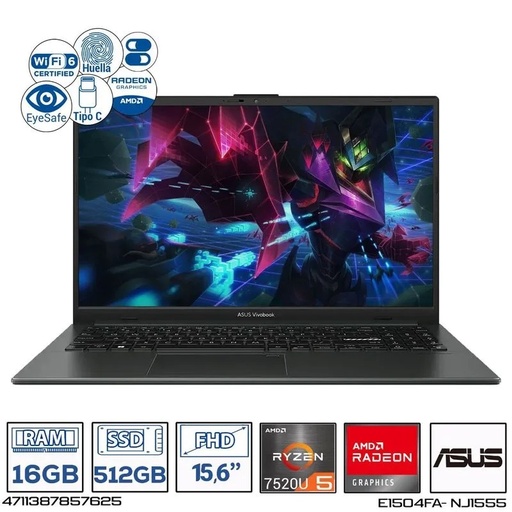 [B00385] PORTATIL ASUS E1504F AMD RYZEN 5 7520U,SOLIDO 512GB, DDR5 16GB,15.6" FHD